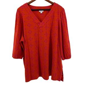 J. Jill Eyelet Tunic Top Womens 2X 100% Cotton Melon Artsy Boho Cottagecore Fem